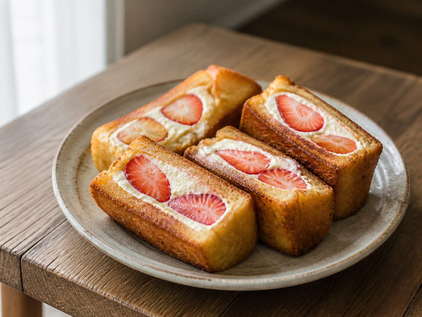 A triangle of freshly fried Japanese milk bread split open and piled with whipped cream and sliced strawberries, dusted with icing sugar