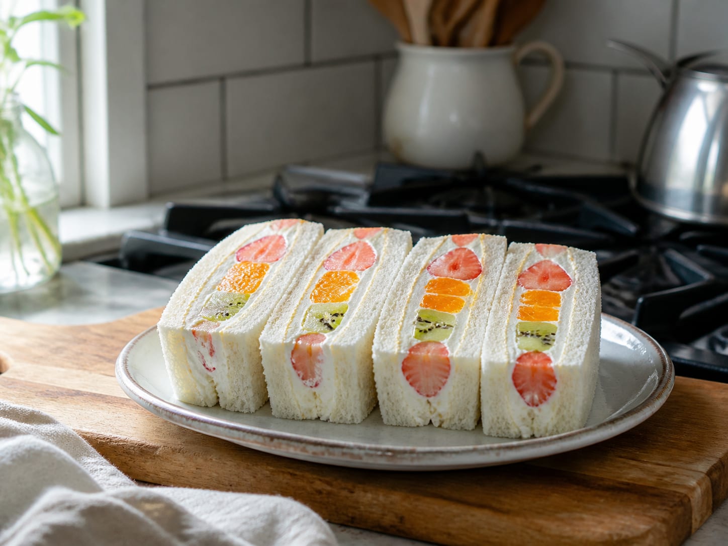Ein aufgeschnittener Querschnitt eines japanischen Fruit Sando mit Schlagsahne und Erdbeerscheiben zwischen zwei Stücken krustenlosem Weißbrot, auf einem kleinen Teller