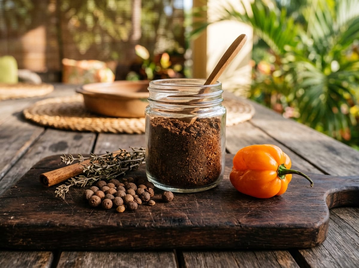Ein Glas dunkelbrauner Jerk-Rub neben ganzen Pimentkörnern, getrocknetem Thymian, einer Zimtstange und einer Scotch-Bonnet-Chili auf dunklem Brett