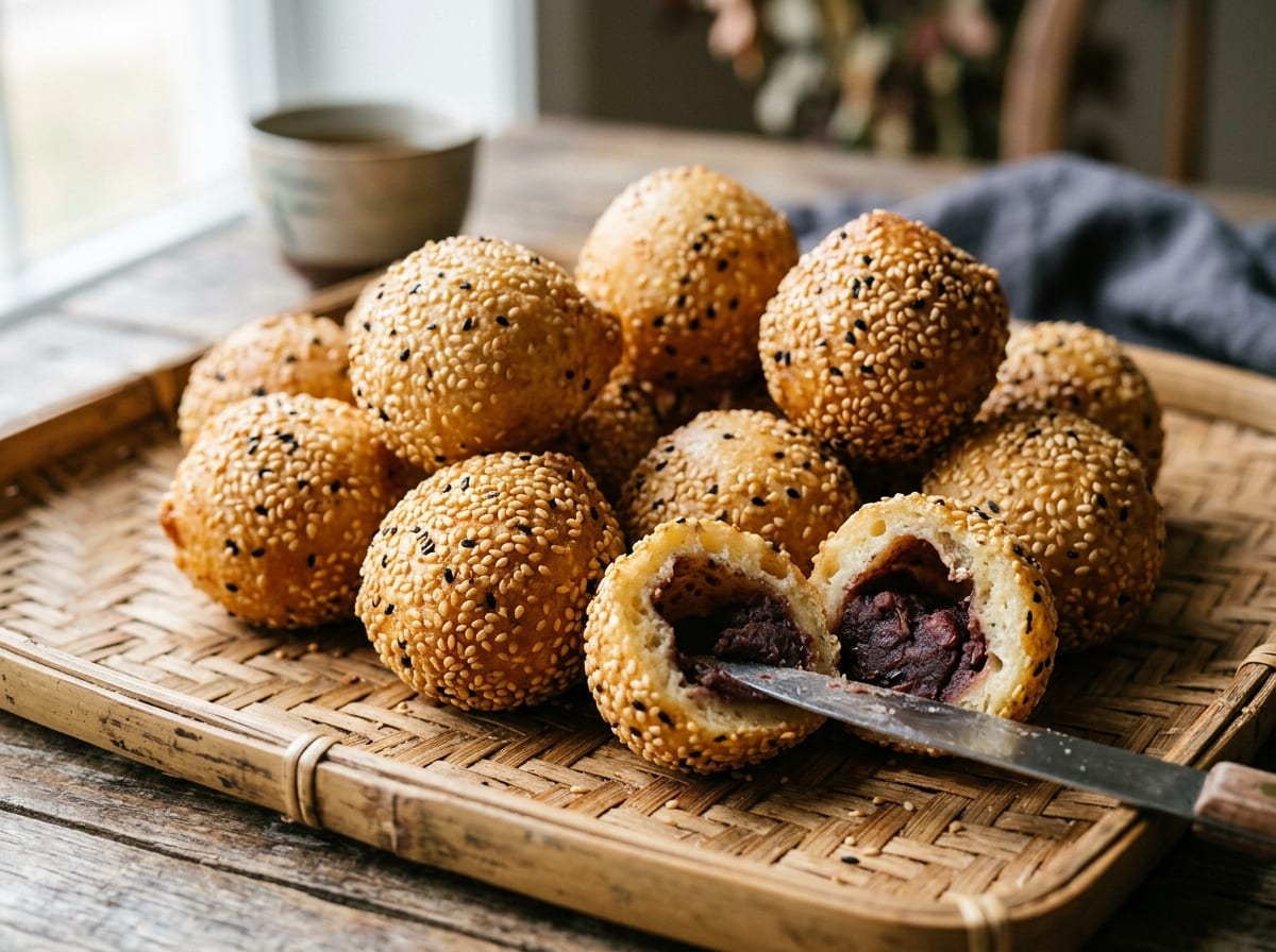 A pile of golden Jian Dui sesame balls on a red plate, one broken open to show the hollow steam-puffed center around a thin layer of dark red bean paste, sesame seeds studding the crisp shell, styled for Lunar New Year