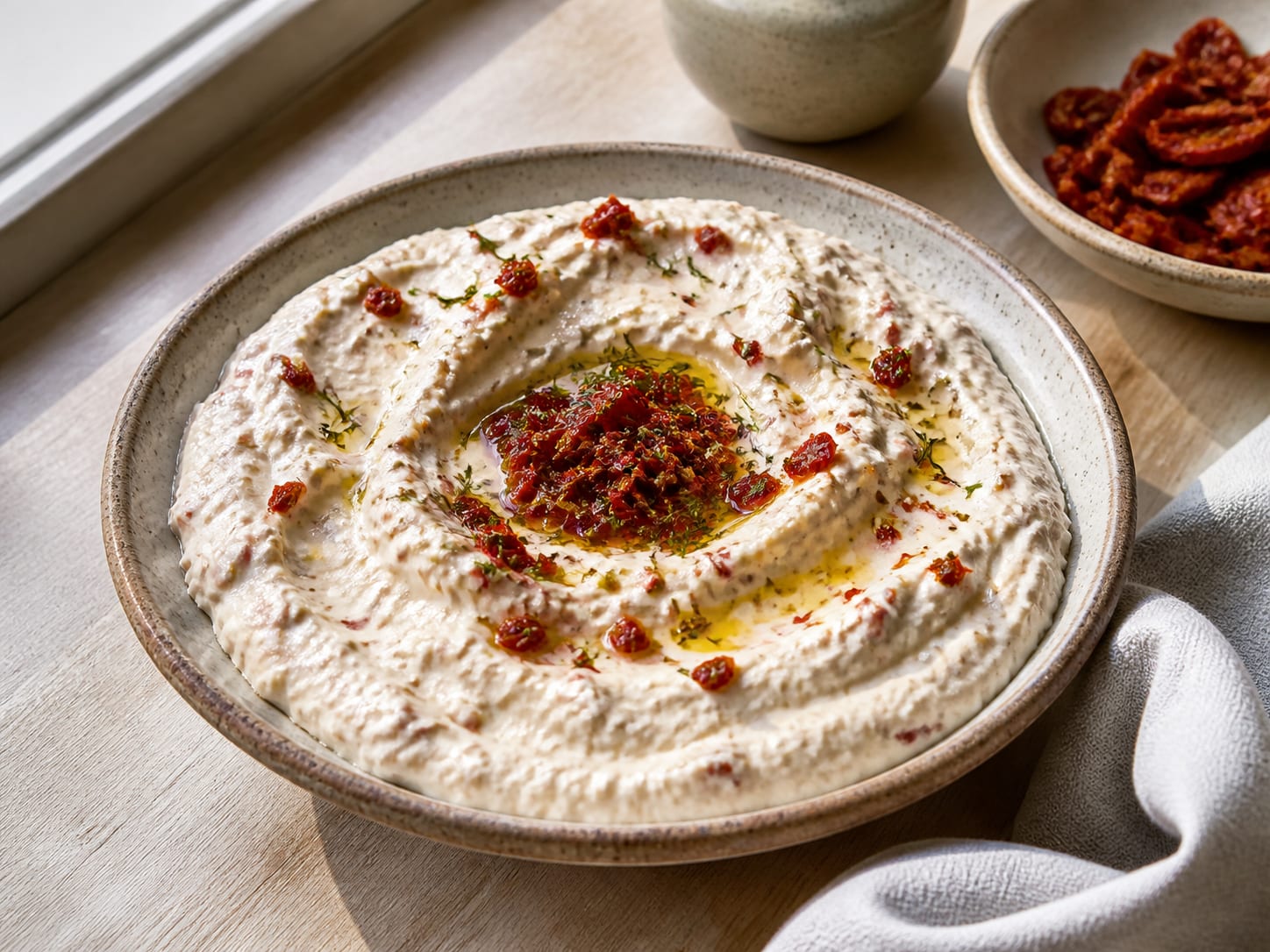 Joghurt-Käsecreme mit getrockneten Tomaten - Kuru Domatesli Haydari, zum Servieren angerichtet