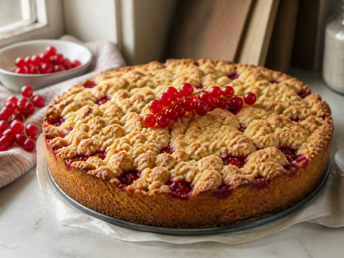 Johannisbeer-Streusel-Kuchen, zum Servieren angerichtet
