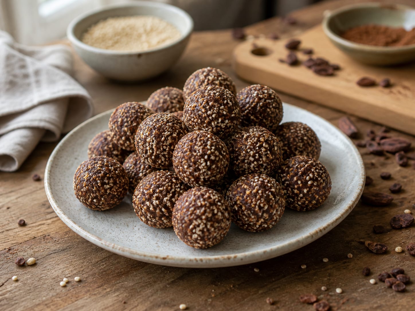 Kakao-Amaranth-Kugeln, zum Servieren angerichtet