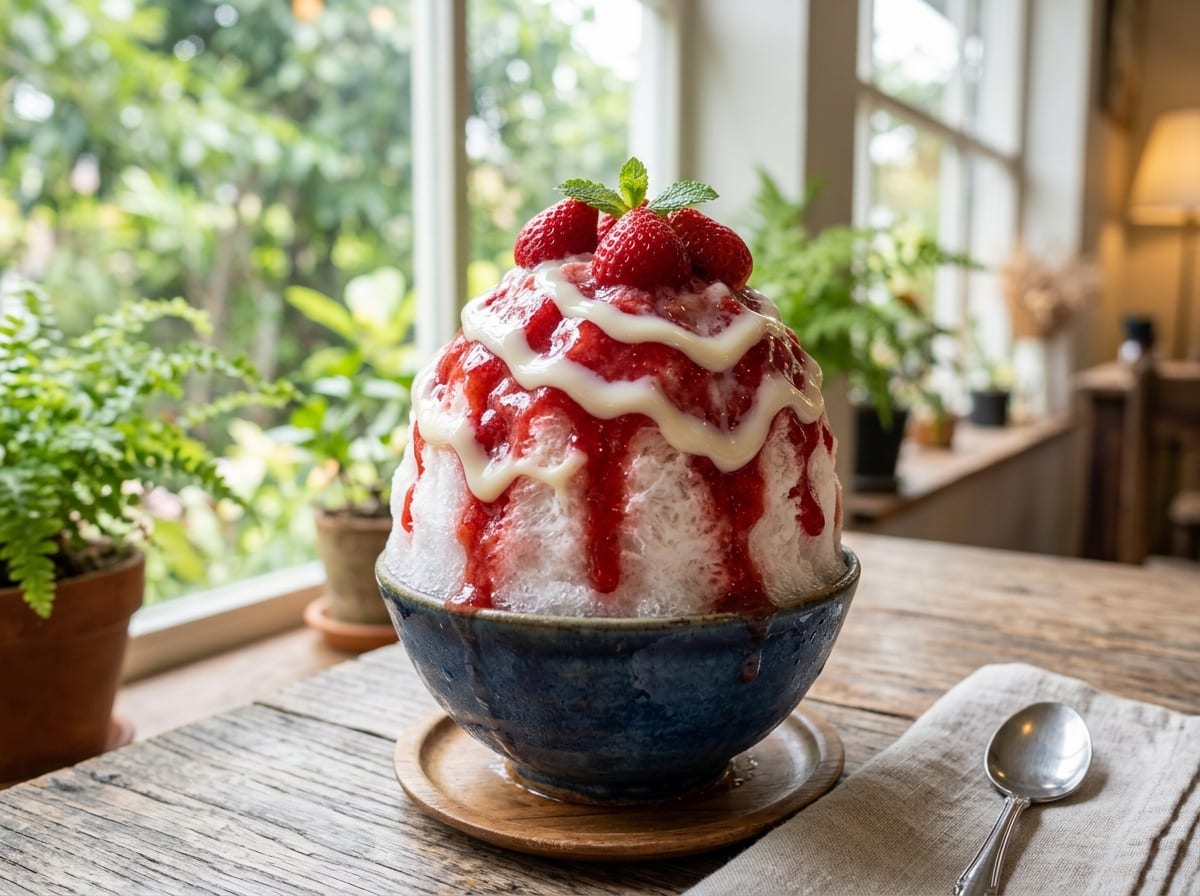 Eine Schale voll fein geraspeltem, schneeweißem Eis, beträufelt mit pinkem Erdbeersirup und Kondensmilch, garniert mit frischen Erdbeerhälften