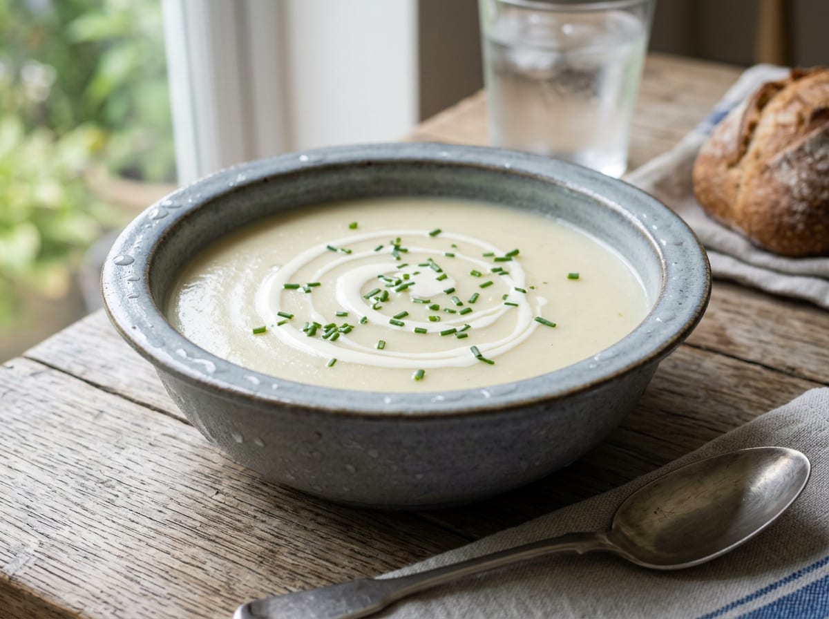 A chilled bowl of pale ivory smooth potato and leek soup with a swirl of cream and finely sliced chives, condensation on the bowl