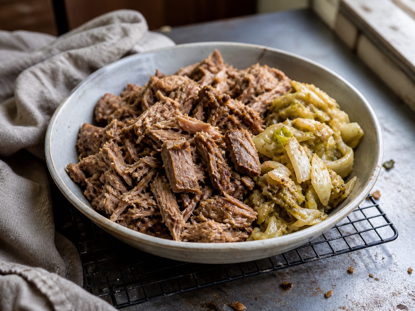 A mound of dark, smoky shredded pork piled next to lightly caramelized shredded cabbage on a plate