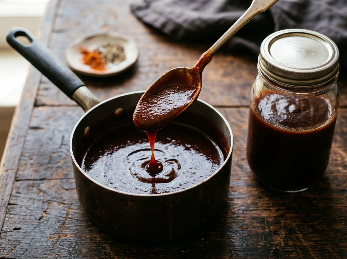 A saucepan and jar of thick dark glossy red-brown barbecue sauce, a spoon lifted out of it with the sauce clinging in a heavy coat