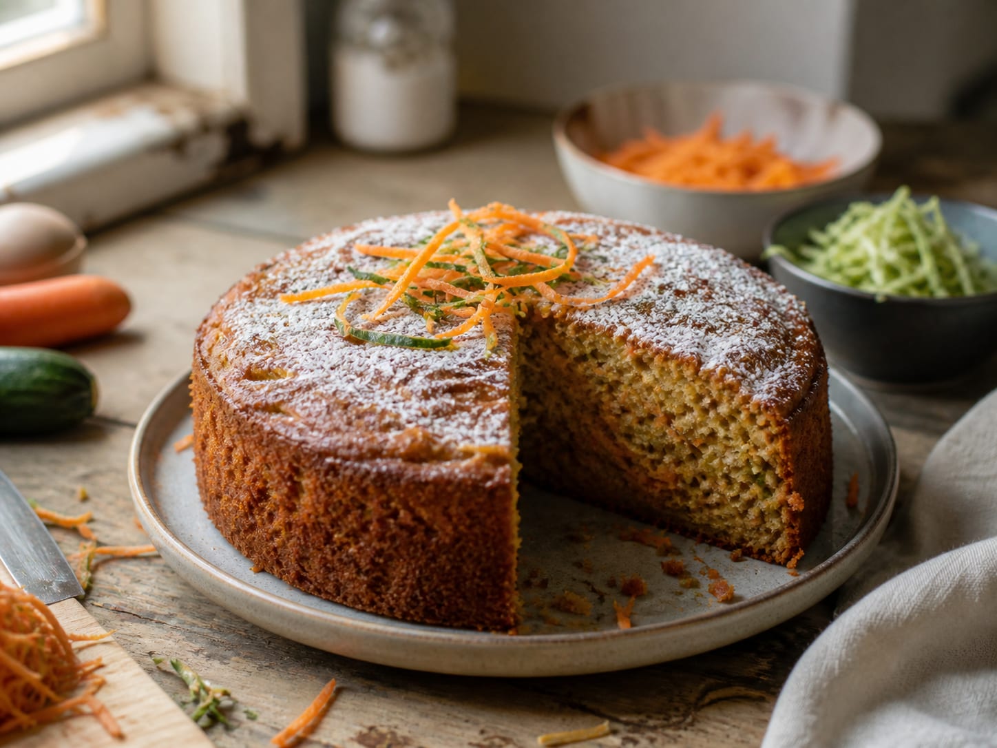 Karotten-Zucchini-Kuchen, plated for serving
