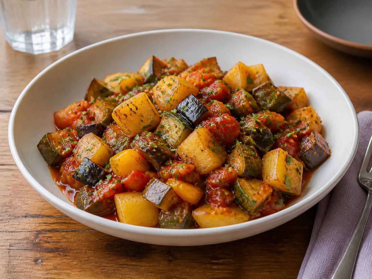 Kartoffel-Ratatouille, plated for serving