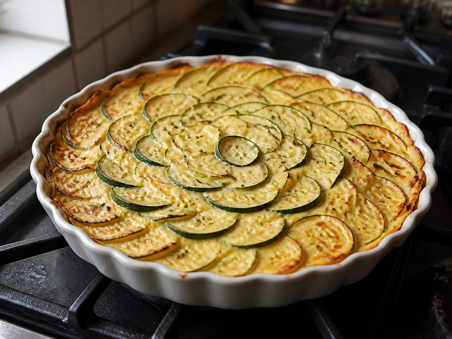 Kartoffel-Zucchini-Tarte, plated for serving