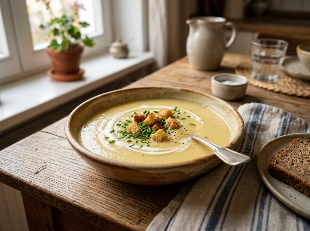 Creamy potato soup topped with croutons and chives