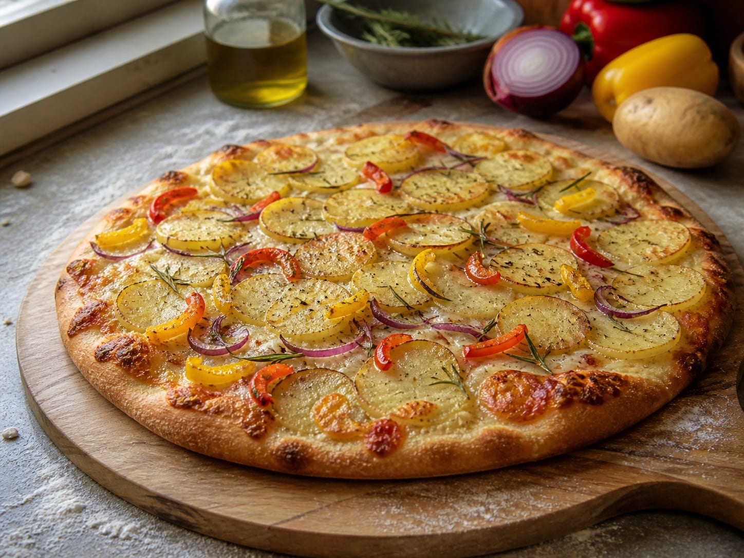 Kartoffelpizza mit Gemüse, plated for serving
