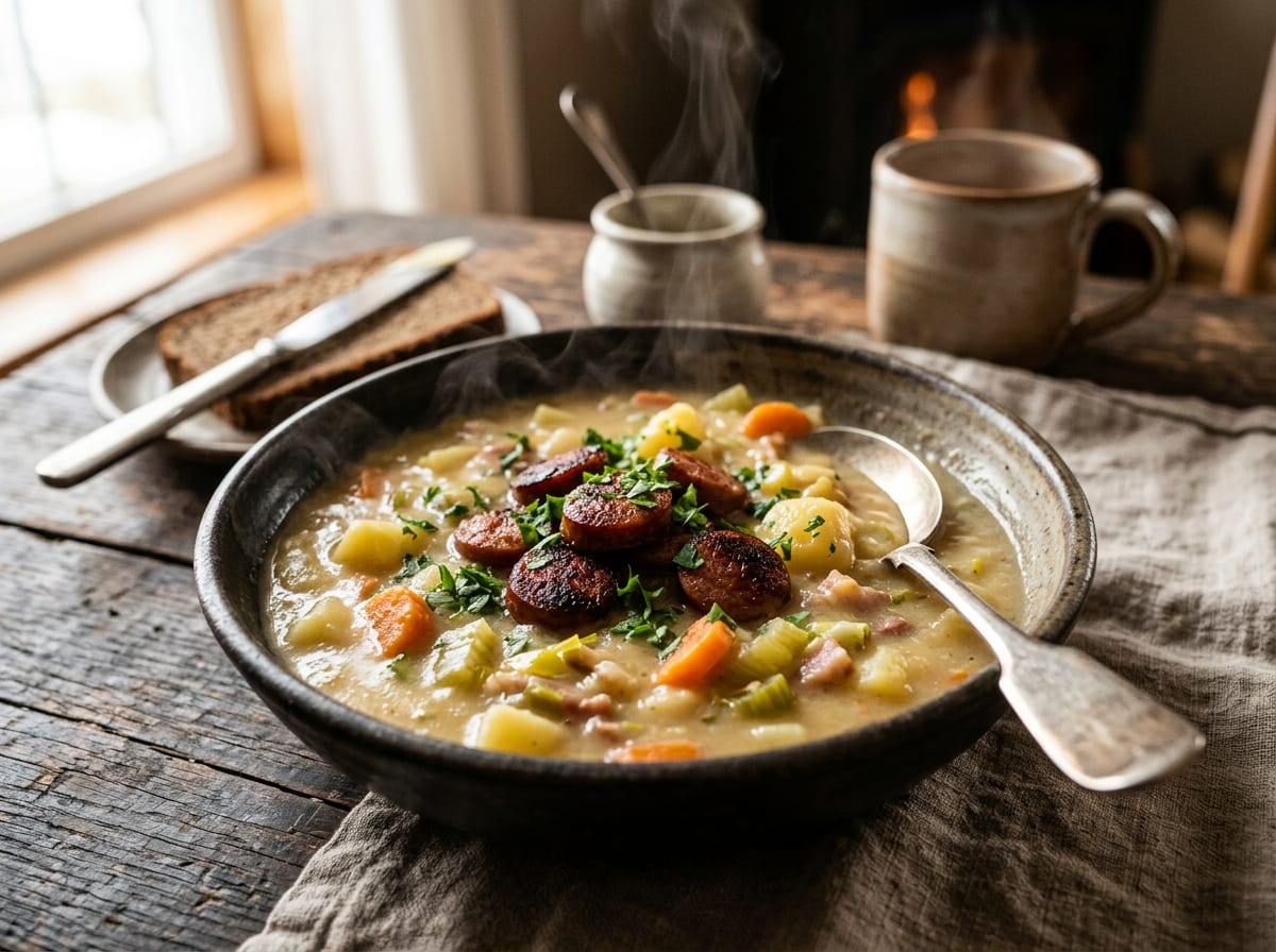 A deep bowl of pale cream potato soup with visible chunks of potato and carrot, sliced sausage and chopped parsley on top, on a dark wooden table