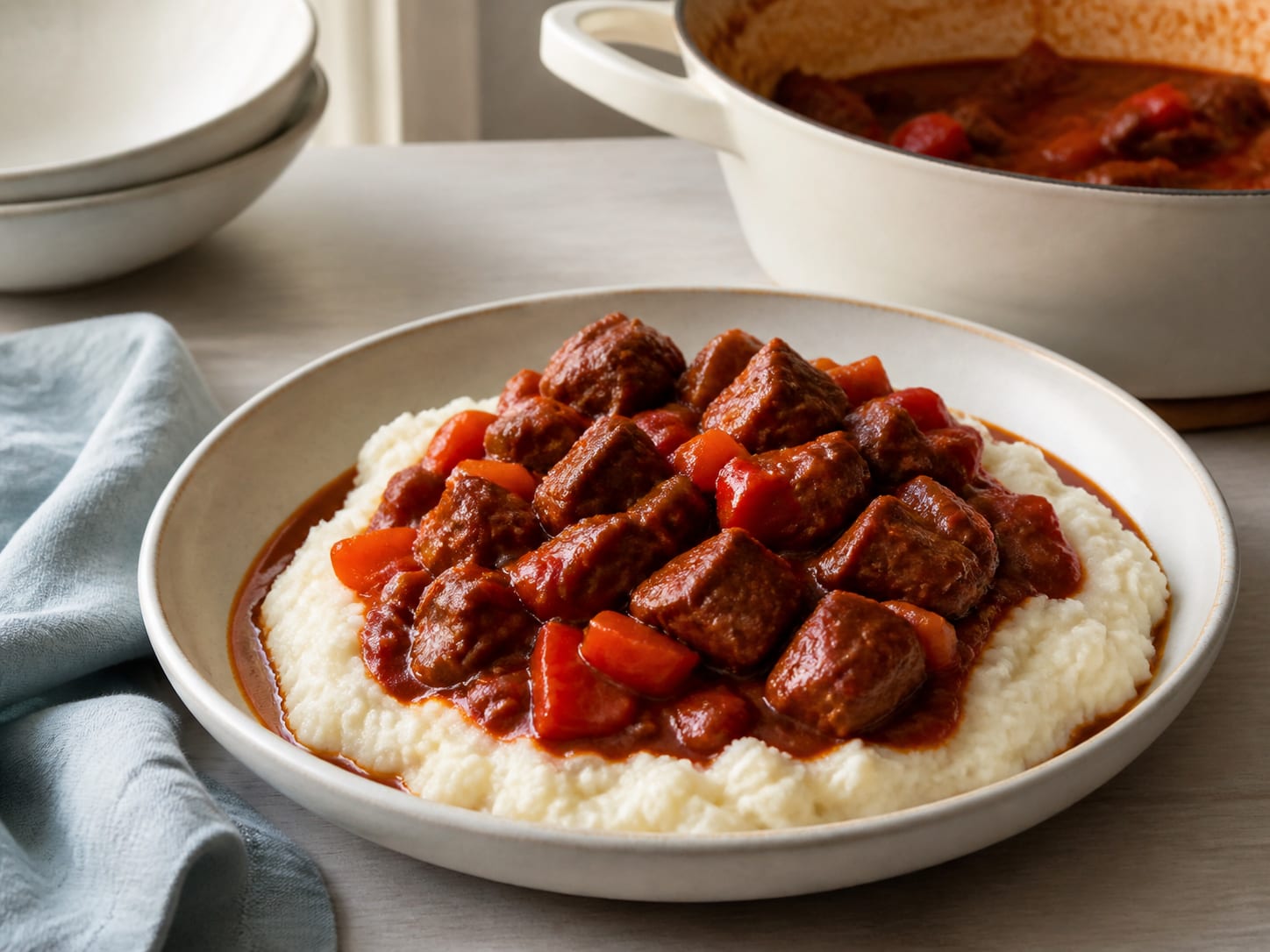 A heavy pot of dark red paprika Gulasch with tender beef cubes and soft pepper, spooned over pale cauliflower mash in a shallow bowl