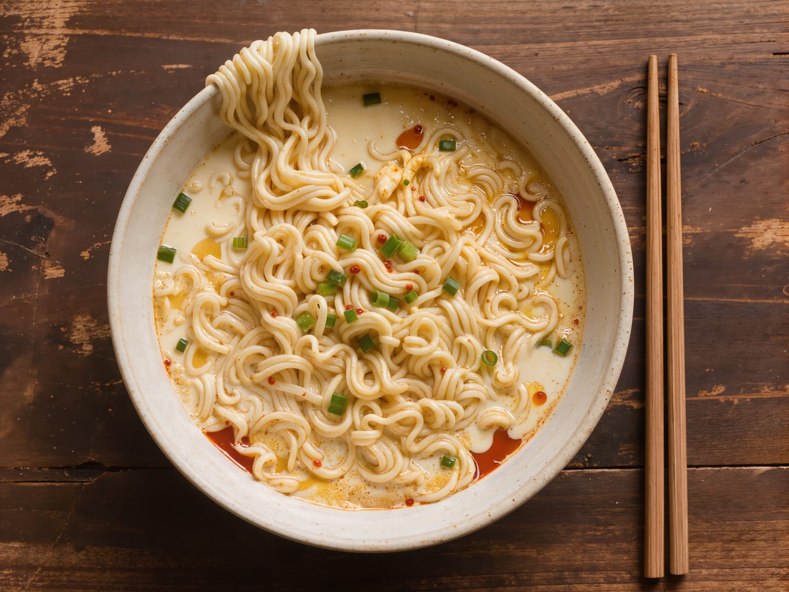 A bowl of instant ramen noodles in a pale, creamy broth topped with sliced scallions