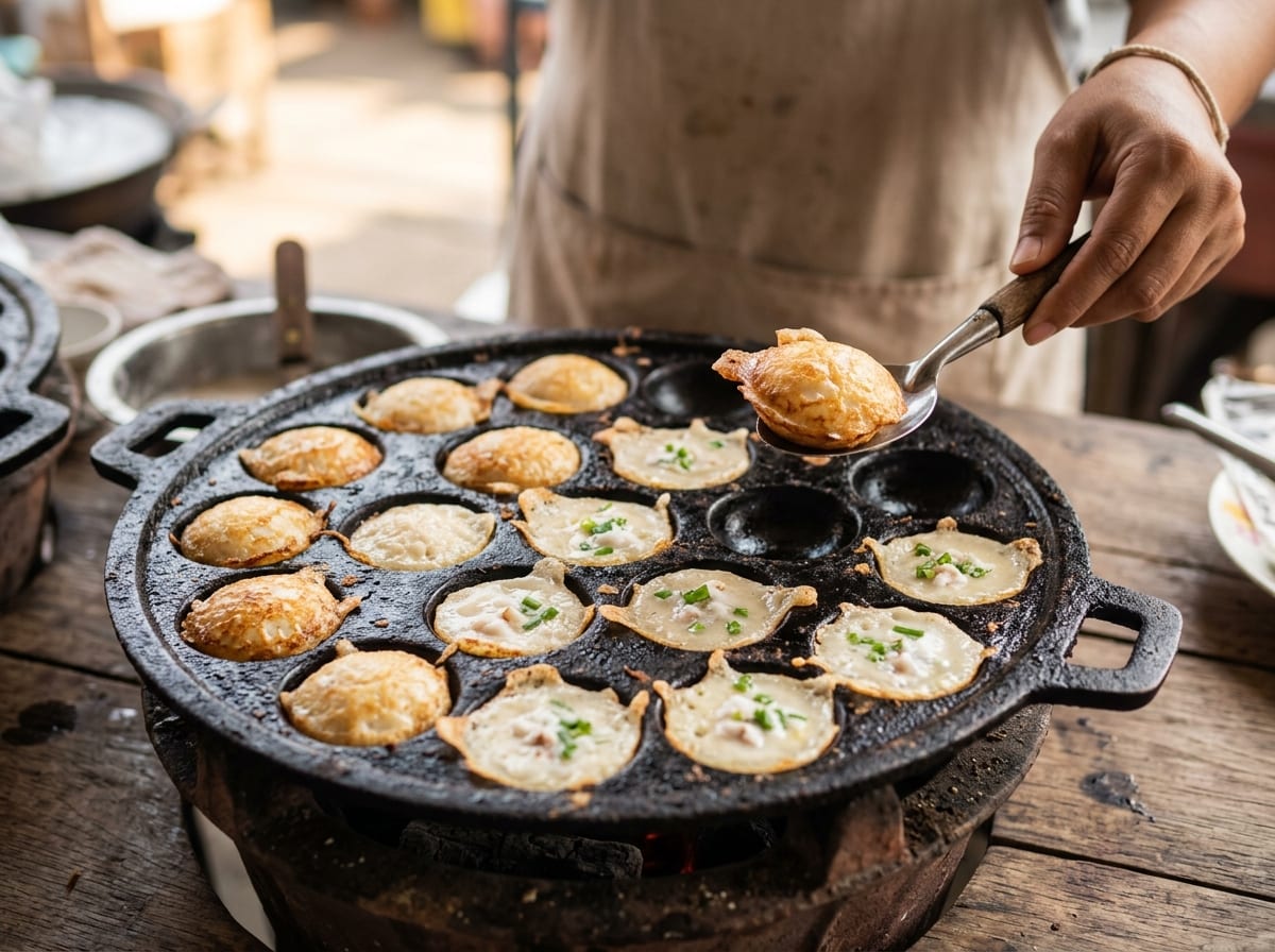 Eine gusseiserne Pfanne mit Khanom Krok, dünne knusprige Schalen gefüllt mit weicher Kokos-Füllung und bestreut mit Frühlingszwiebelringen