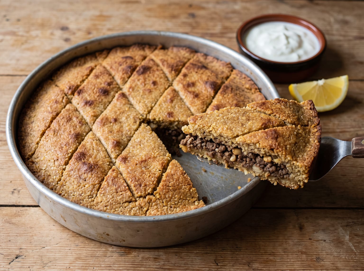 A round tin of baked kibbeh with a crisp golden brown crust scored into diamonds, one wedge lifted to show the spiced beef and pine nut filling
