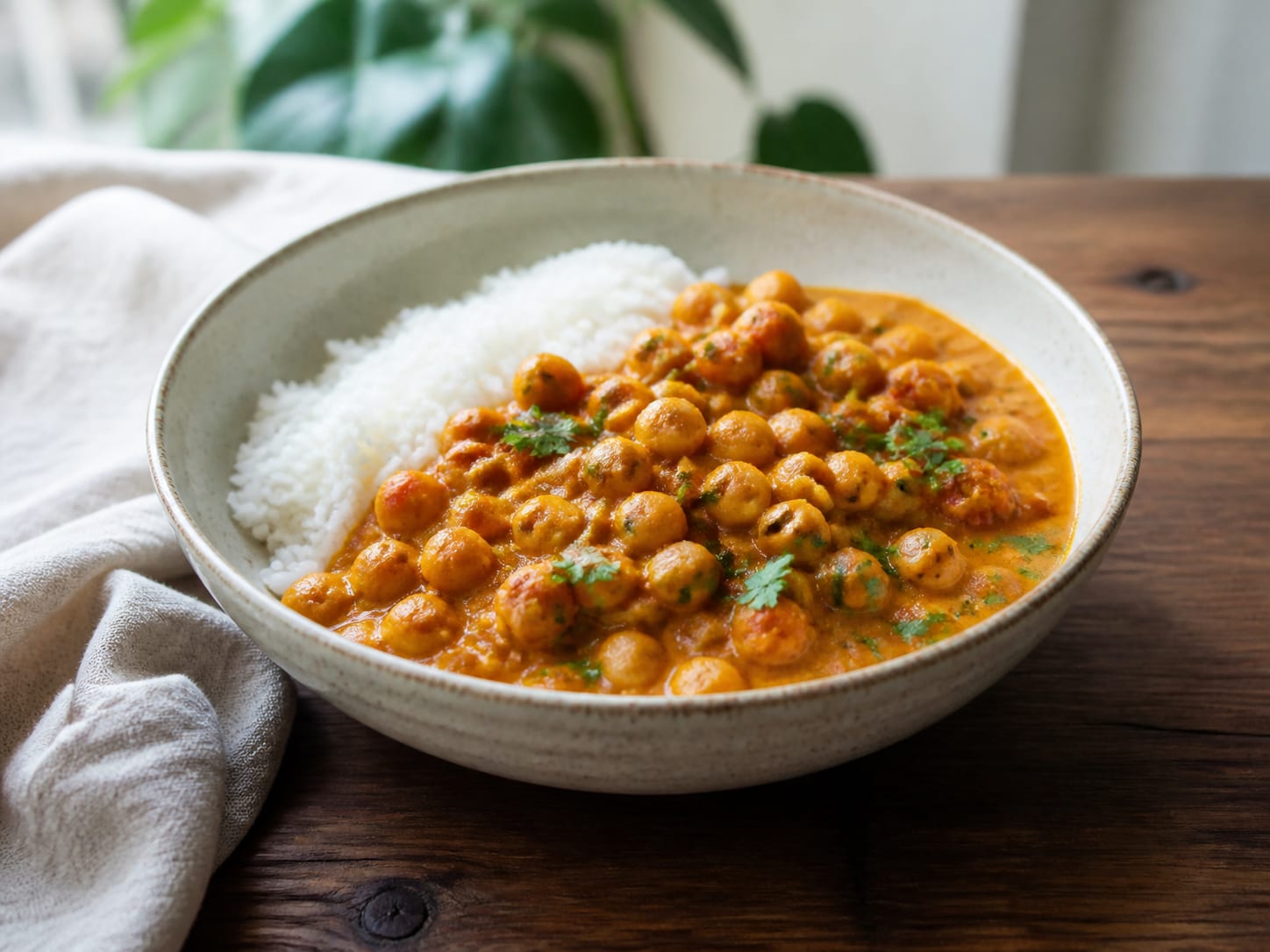 Kichererbsen-Kokos-Curry, zum Servieren angerichtet
