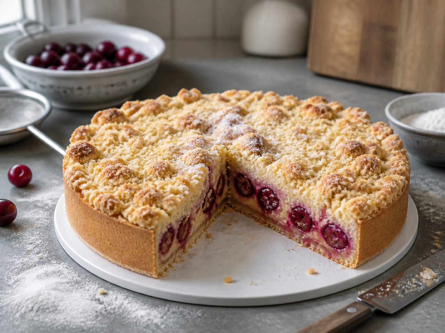 Kirsch-Streusel-Kuchen, plated for serving