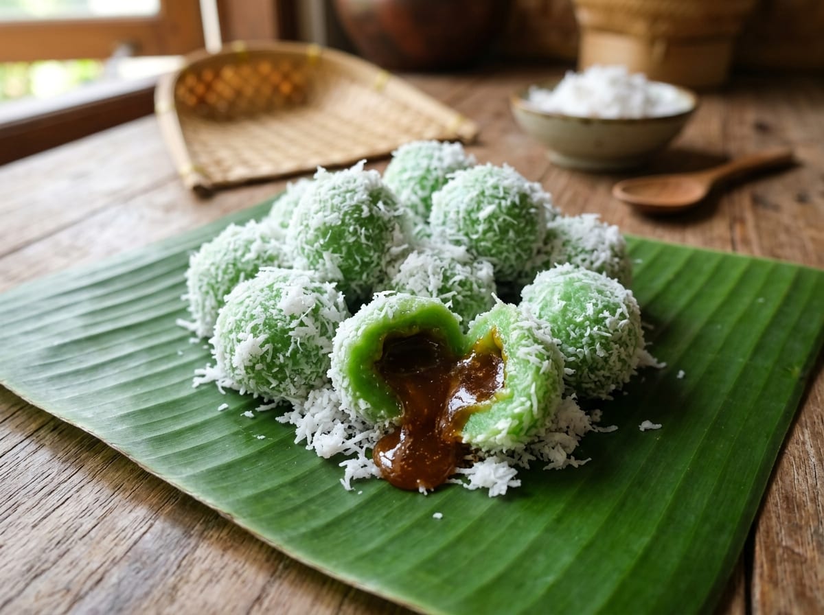 A plate of bright green klepon rice balls coated in shredded coconut, one bitten in half showing molten dark palm sugar oozing from the centre
