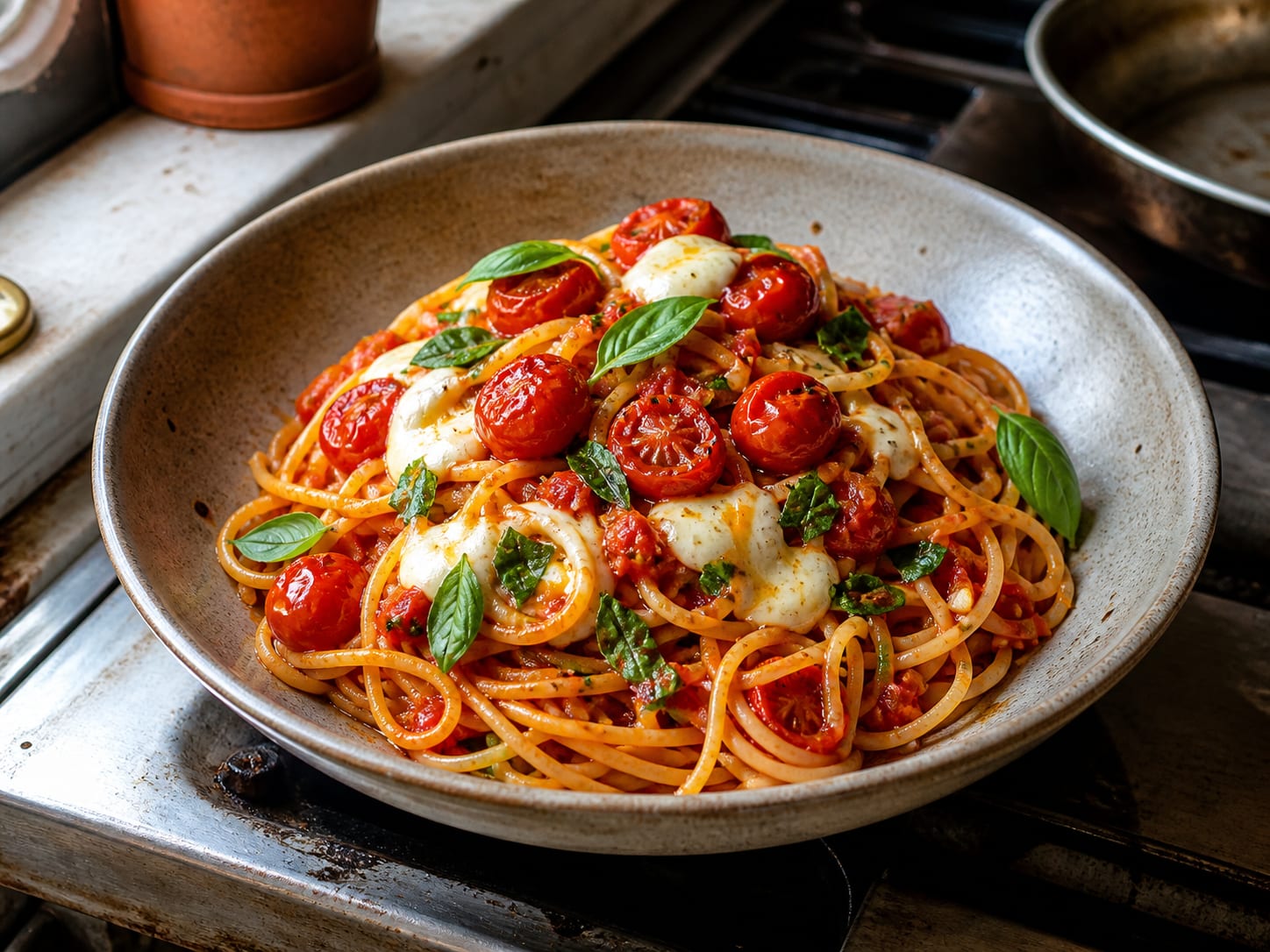 Knoblauch-Spaghetti mit Robiola, Basilikum-Tomaten-Sauce und Ofentomaten, plated for serving