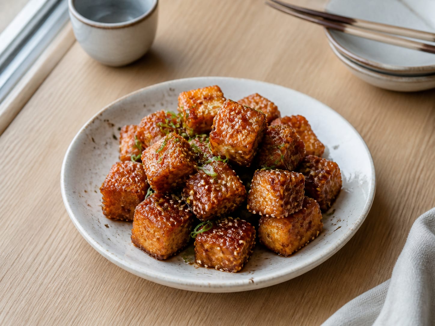 Knuspriger koreanischer Tofu, plated for serving