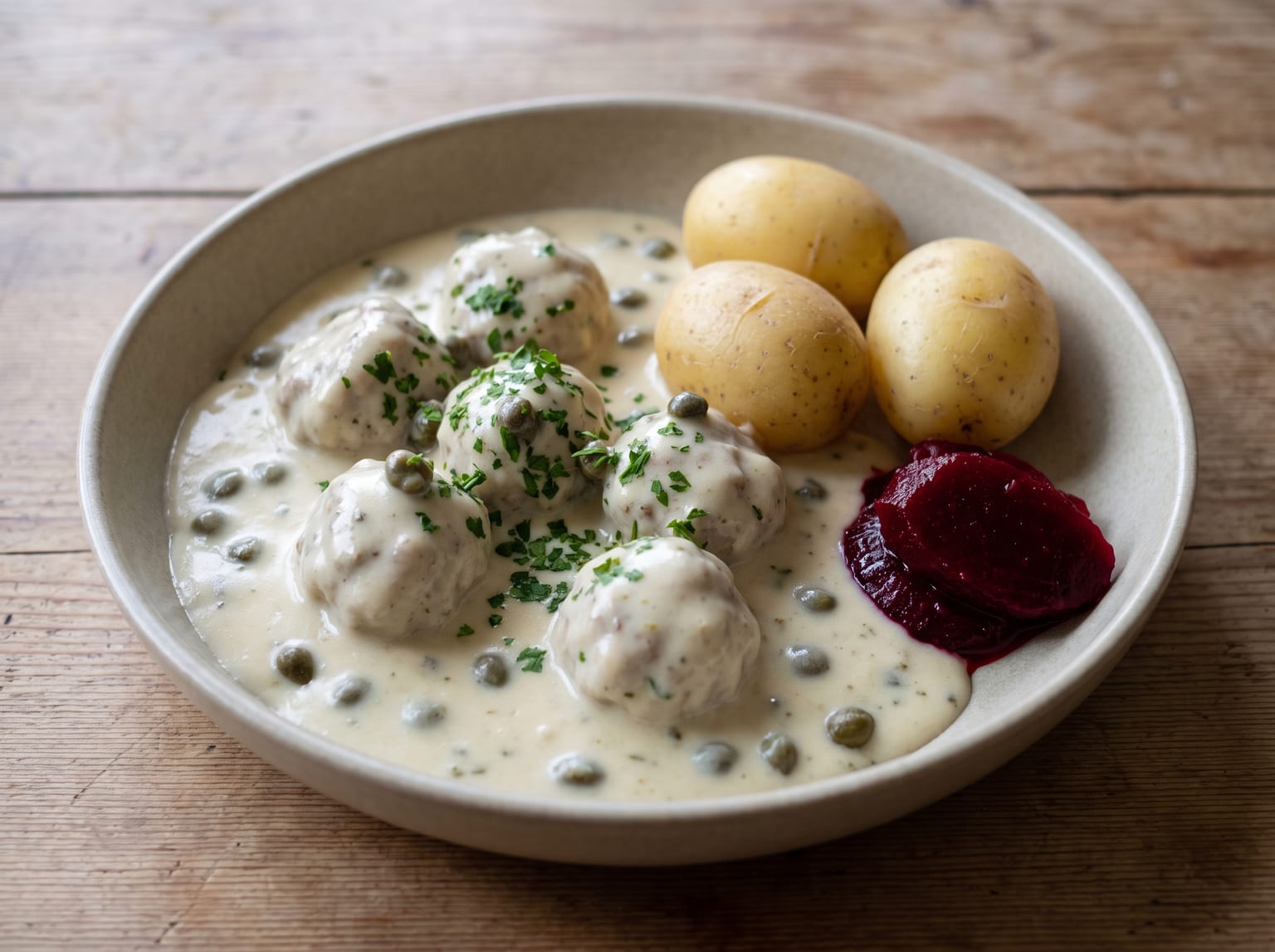 Pale poached beef meatballs in a creamy white caper sauce in a shallow bowl with parsley, boiled potatoes and a spoonful of beetroot beside them
