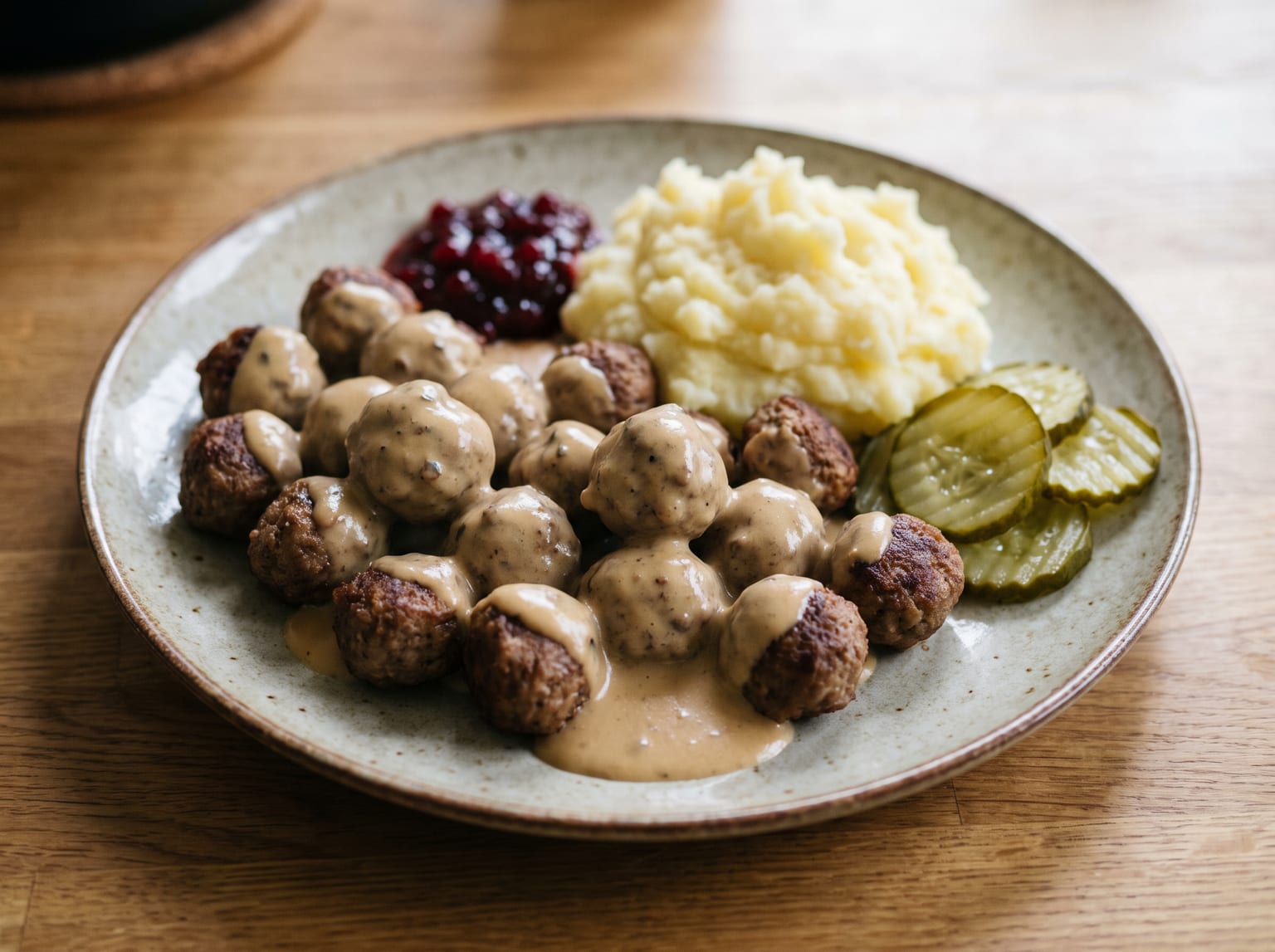 Kleine gebräunte schwedische Rinderfleischbällchen in heller Rahmsauce auf einem Teller mit Kartoffelpüree, Preiselbeeren und eingelegter Gurke