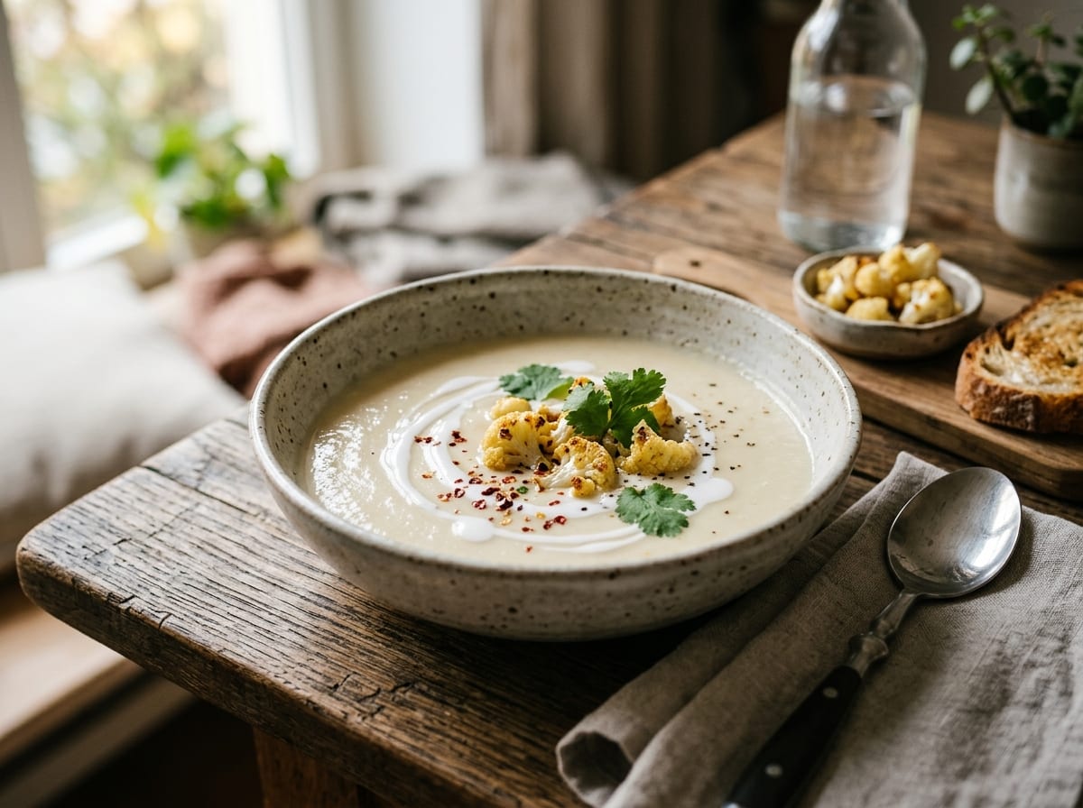 Coconut cauliflower soup topped with roasted cauliflower and cilantro