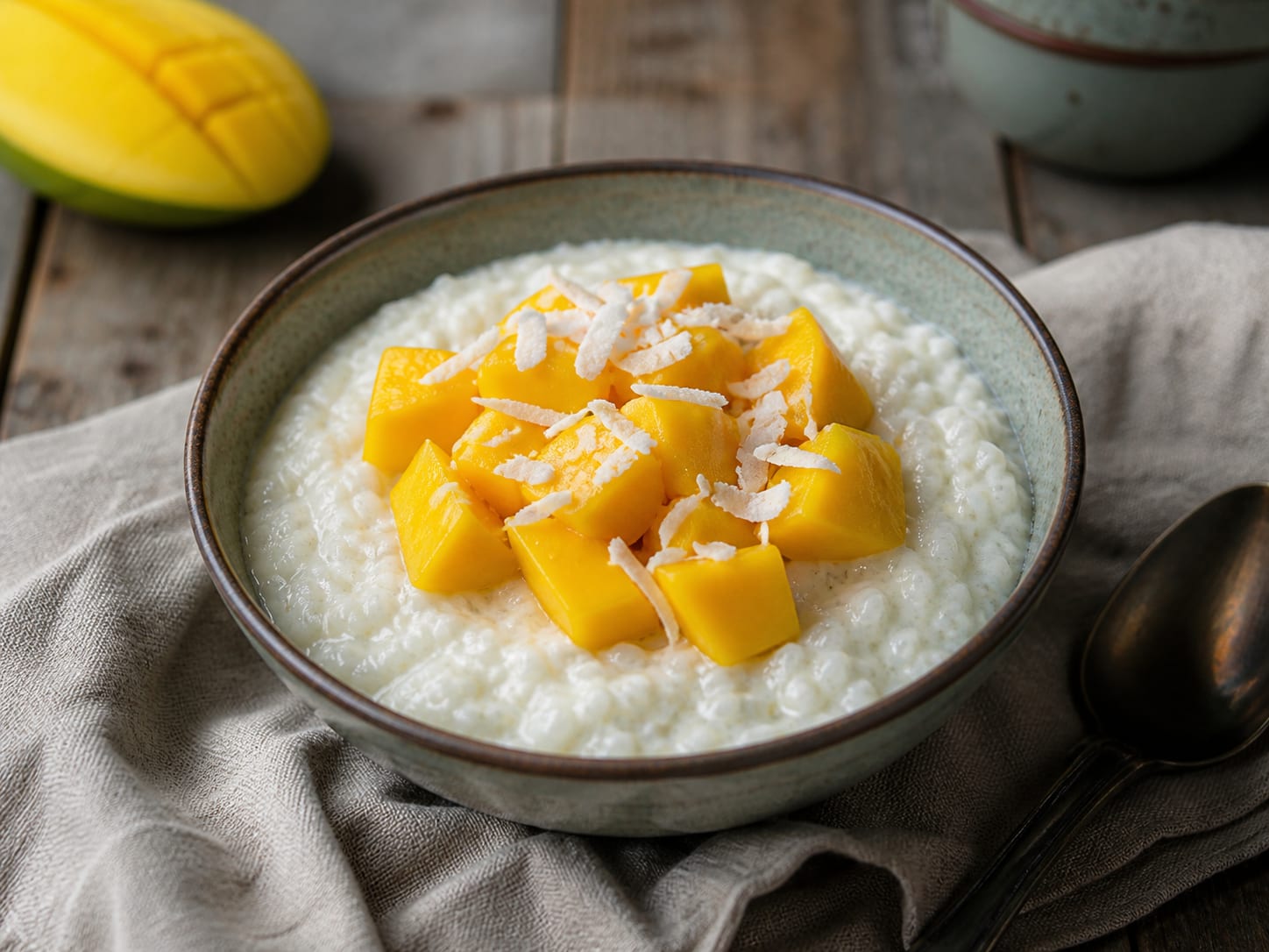 Kokos-Milchreis mit Mango, plated for serving