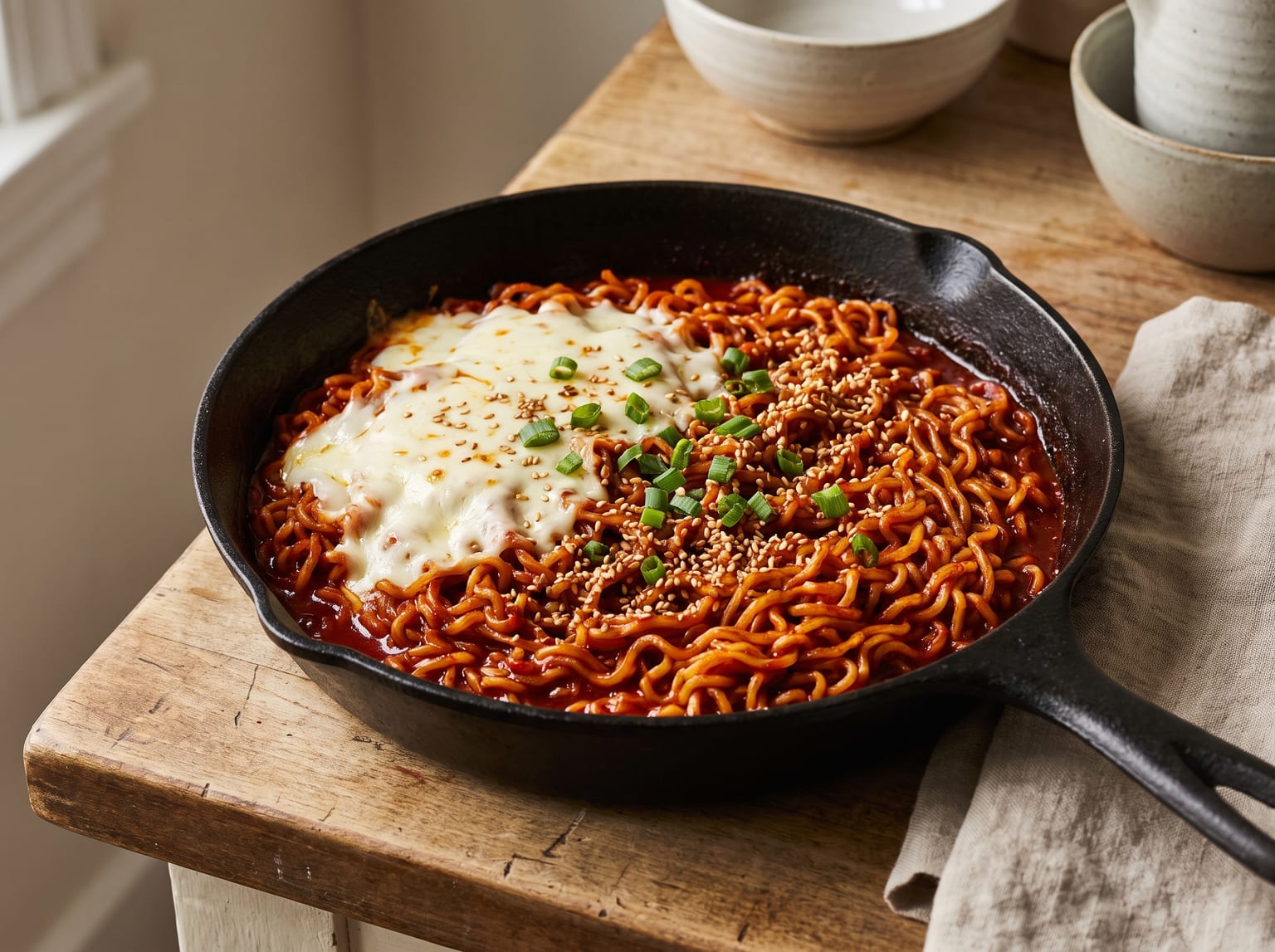 A skillet of Korean fire noodles coated in a thick red sauce with melted cheese on one side