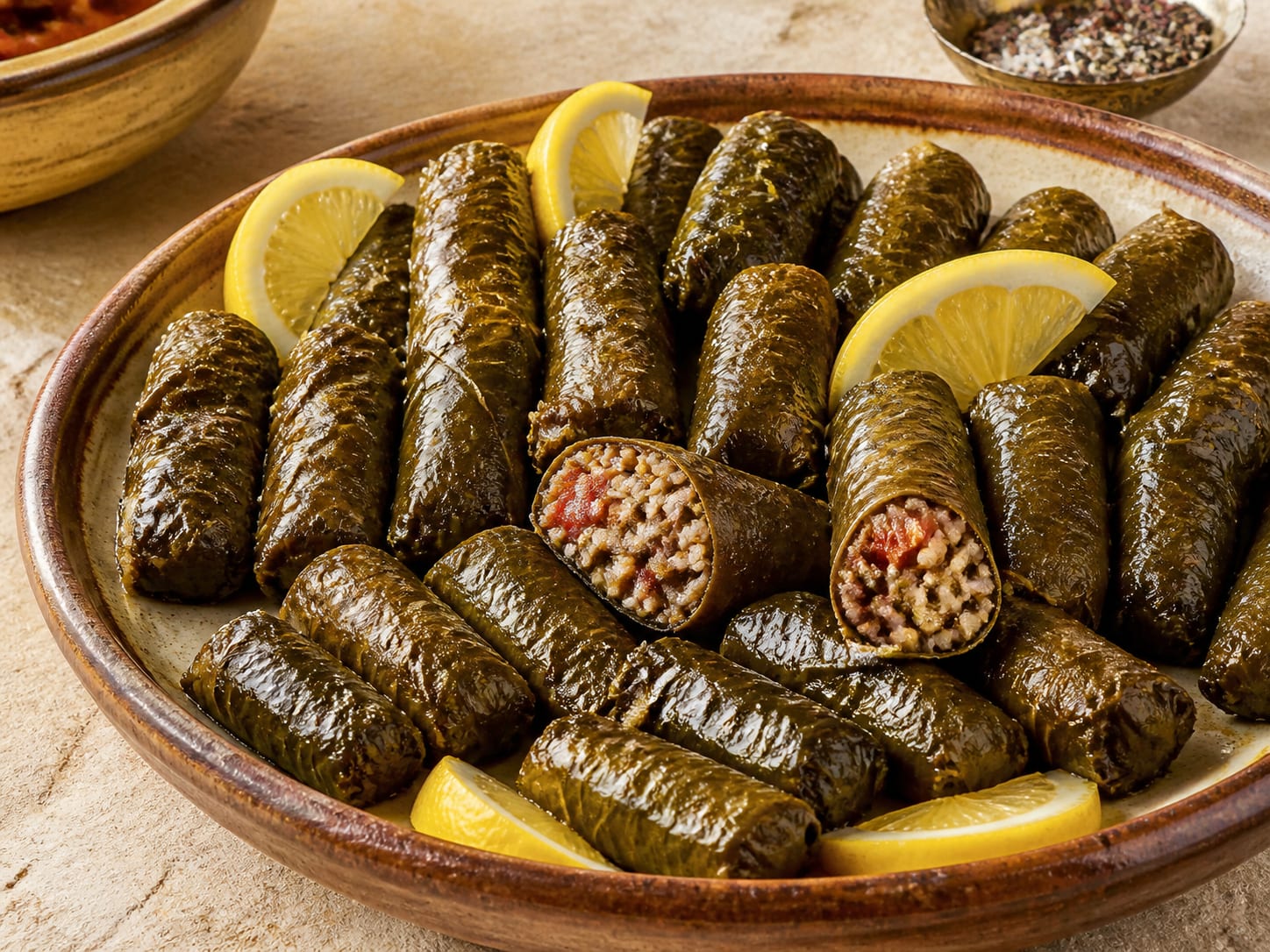 Koupépia: Cypriot stuffed vine leaves served as a natural-light editorial food photograph