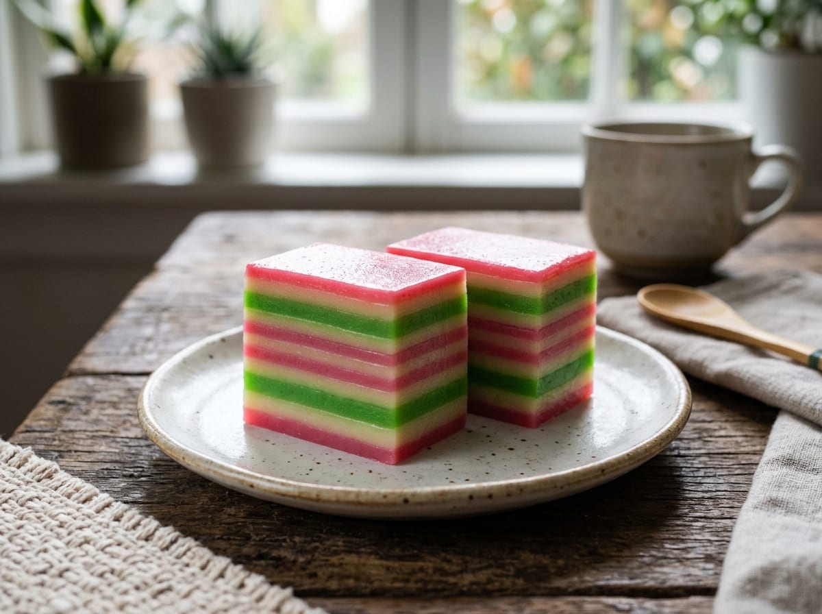 A square Kue Lapis steamed layer cake cut into pieces, showing thin alternating pink, white, and green layers, arranged on a plate with one piece peeled apart to show the layers