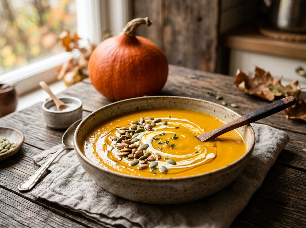 A bowl of vivid orange smooth Hokkaido pumpkin soup with a swirl of cream and toasted pumpkin seeds on top, a small whole squash behind