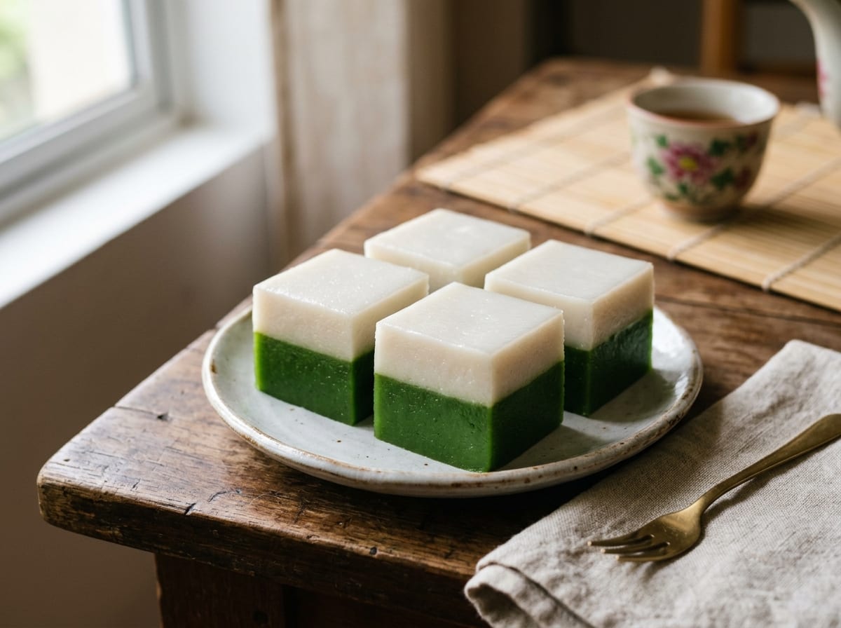 A tray of two-layer kuih talam cut into diamonds, deep green pandan base under a soft white coconut top, on a plate