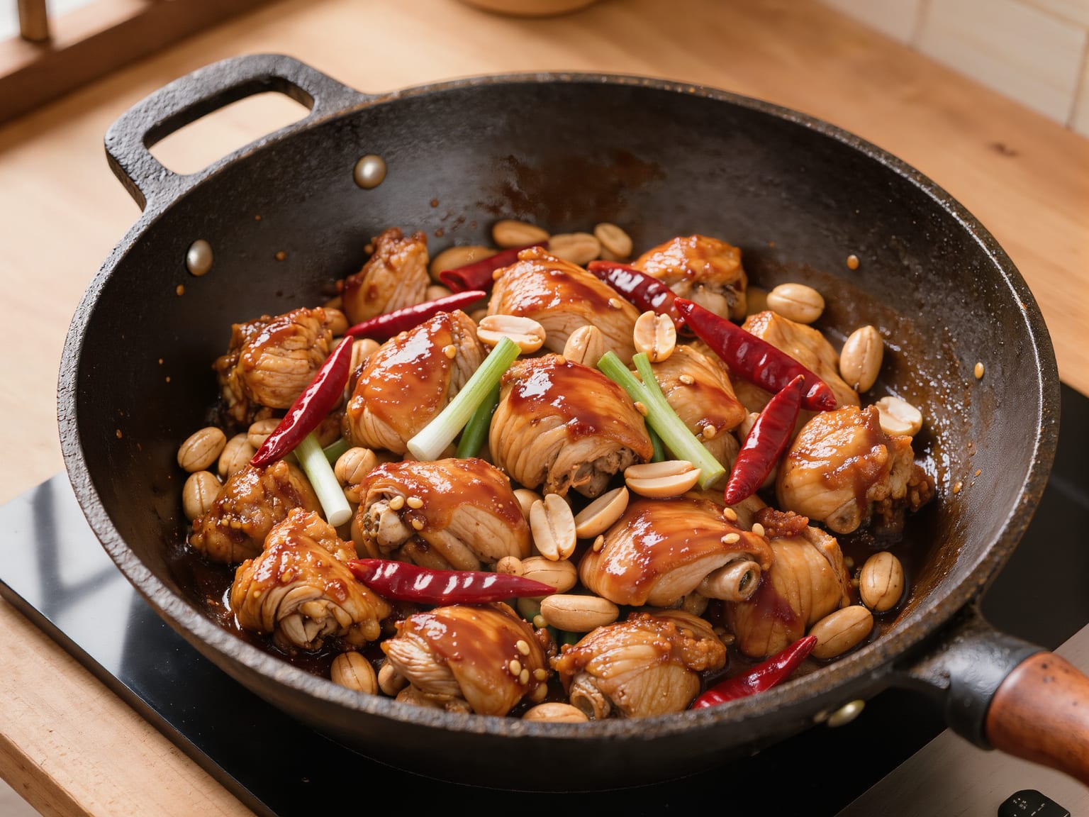Kung pao chicken in a dark glossy sauce with dried red chillies, scallion pieces and peanuts