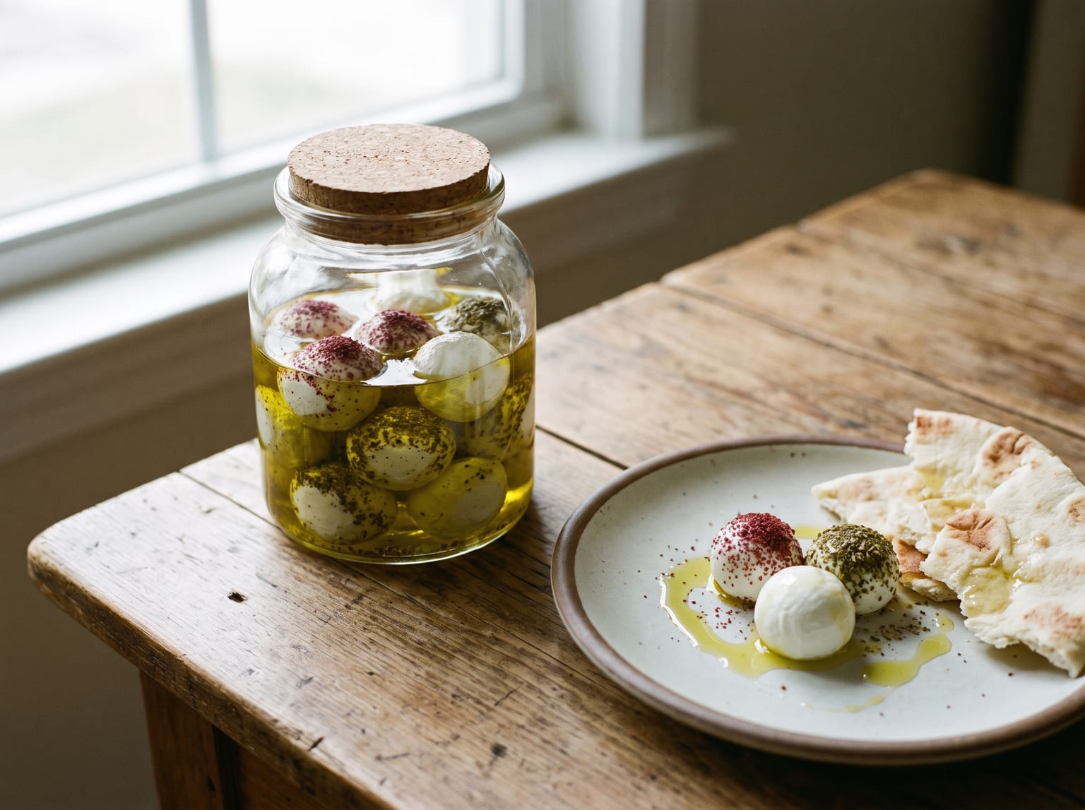 A glass jar of white labneh balls suspended in clear golden olive oil, some rolled in red sumac and some in green za'atar, with a few on a plate beside flatbread