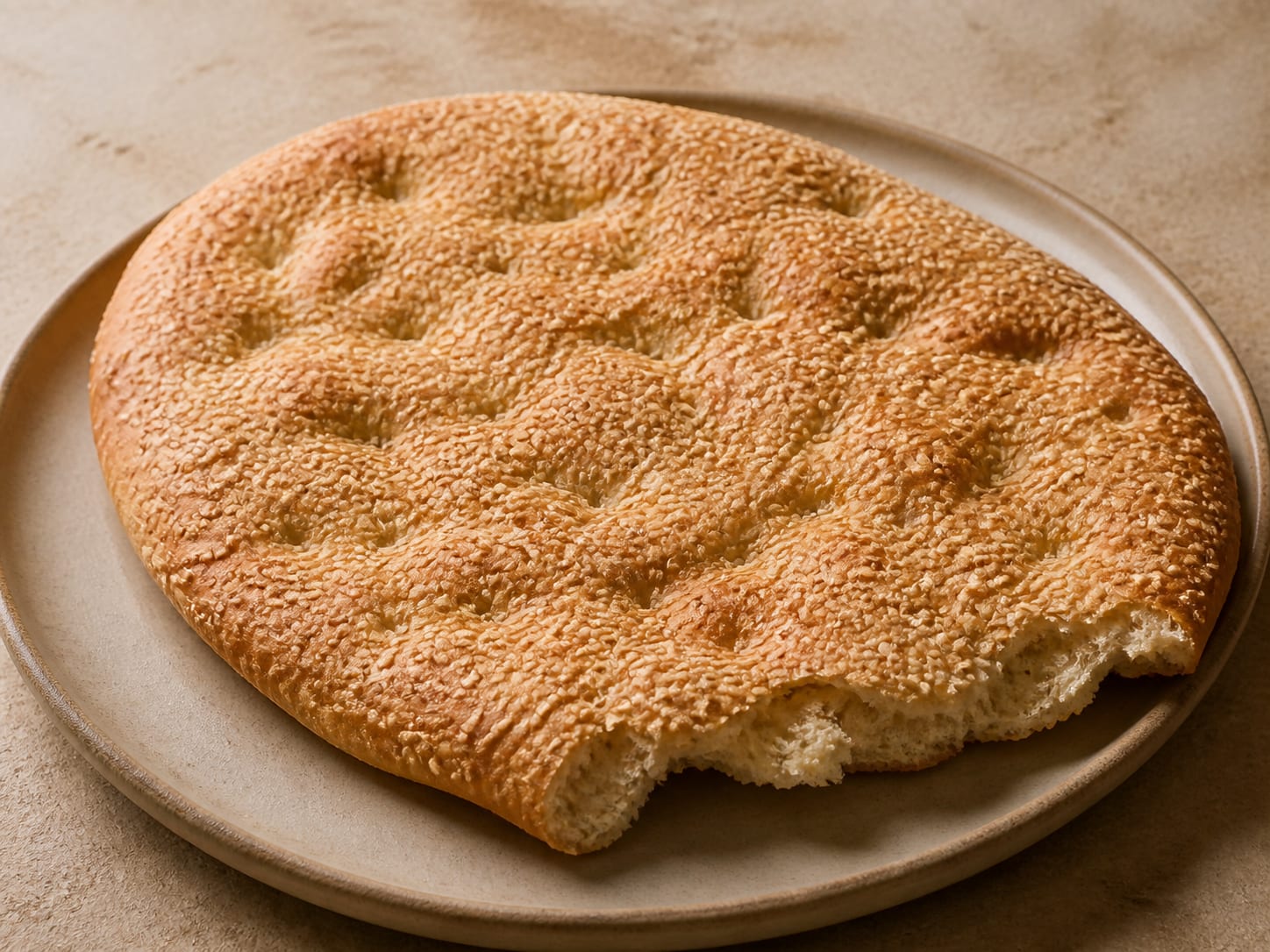 Lagana: Greek sesame flatbread served as a natural-light editorial food photograph