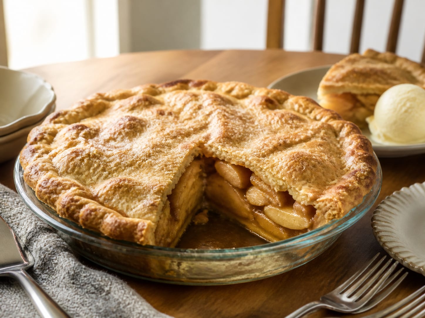 Lauwarmer Apfelkuchen, zum Servieren angerichtet
