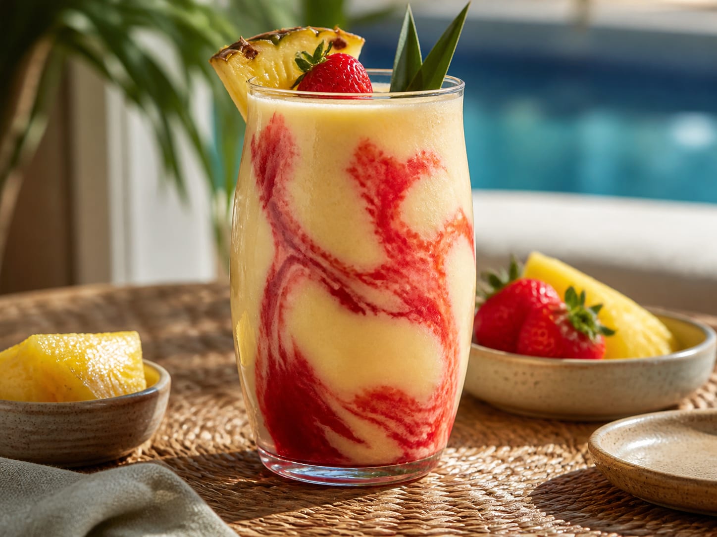 Ein Hurricane-Glas mit pürierter Piña Colada, durchzogen von leuchtend rotem Erdbeer-Püree in einem lavaartigen Muster