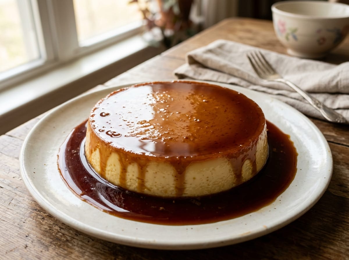An unmolded leche flan on a plate, glossy amber caramel pooling down the sides of the dense pale custard, one wedge cut to show the smooth interior