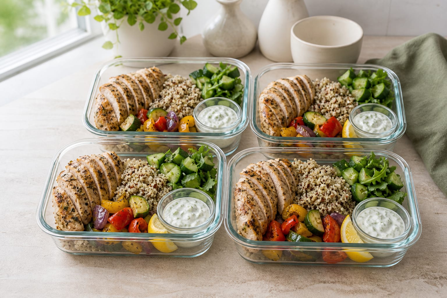 Four open glass meal-prep containers with sliced lemon-herb chicken, quinoa, roasted peppers and zucchini, with cucumber greens and yogurt sauce packed separately