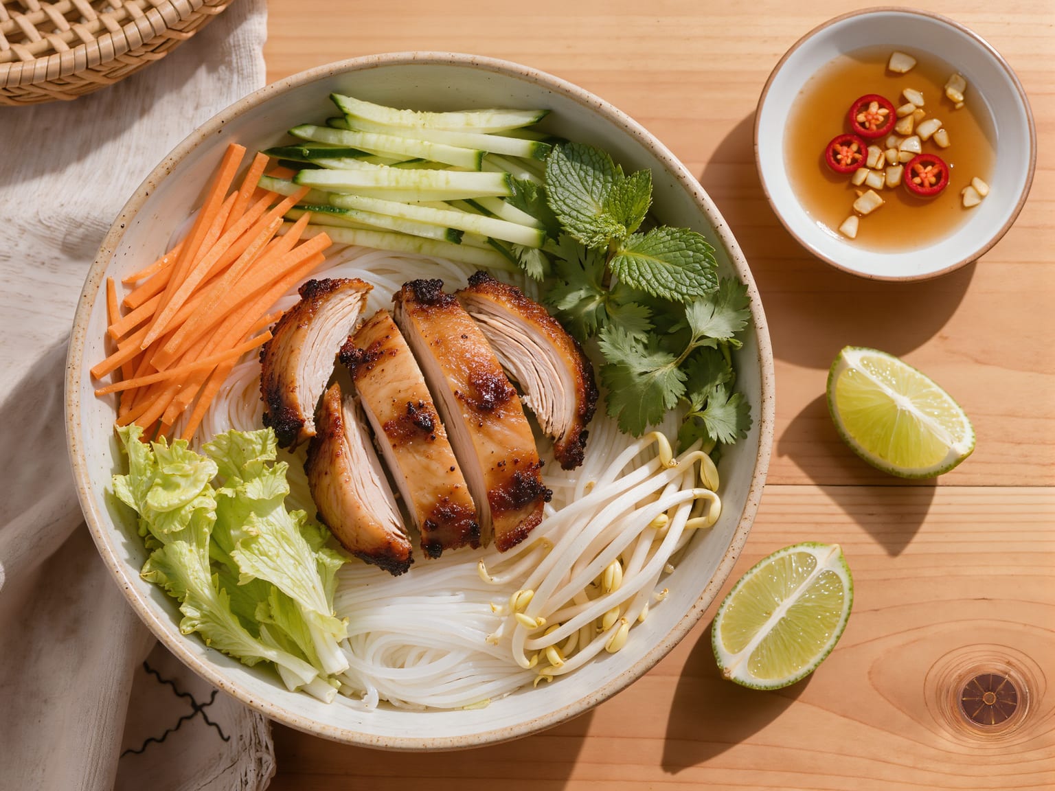 A bowl of rice vermicelli topped with charred lemongrass chicken, julienned vegetables, herbs and a small dish of nuoc cham