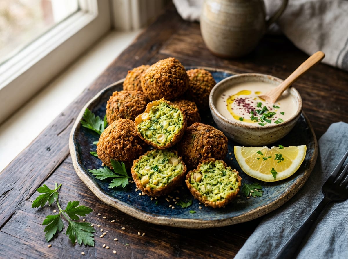 A plate of golden fried falafel balls with a bright green-flecked interior, served with tahini sauce and lemon
