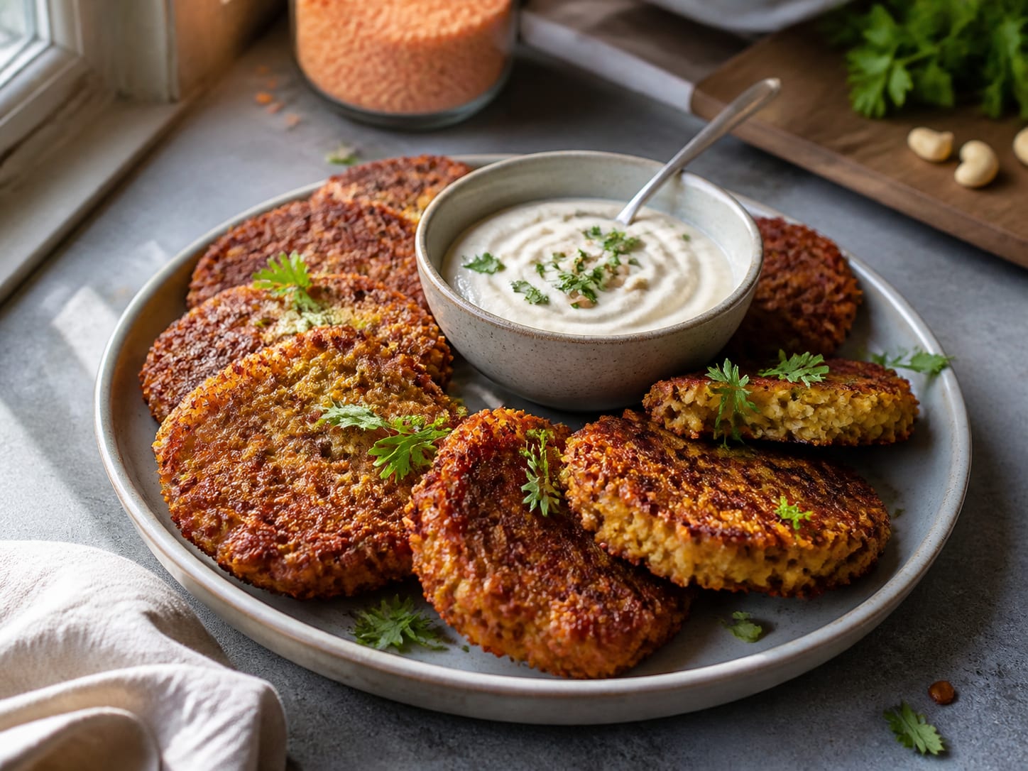 Linsen-Kartoffel-Puffer mit Cashew-Dip (vegan), plated for serving