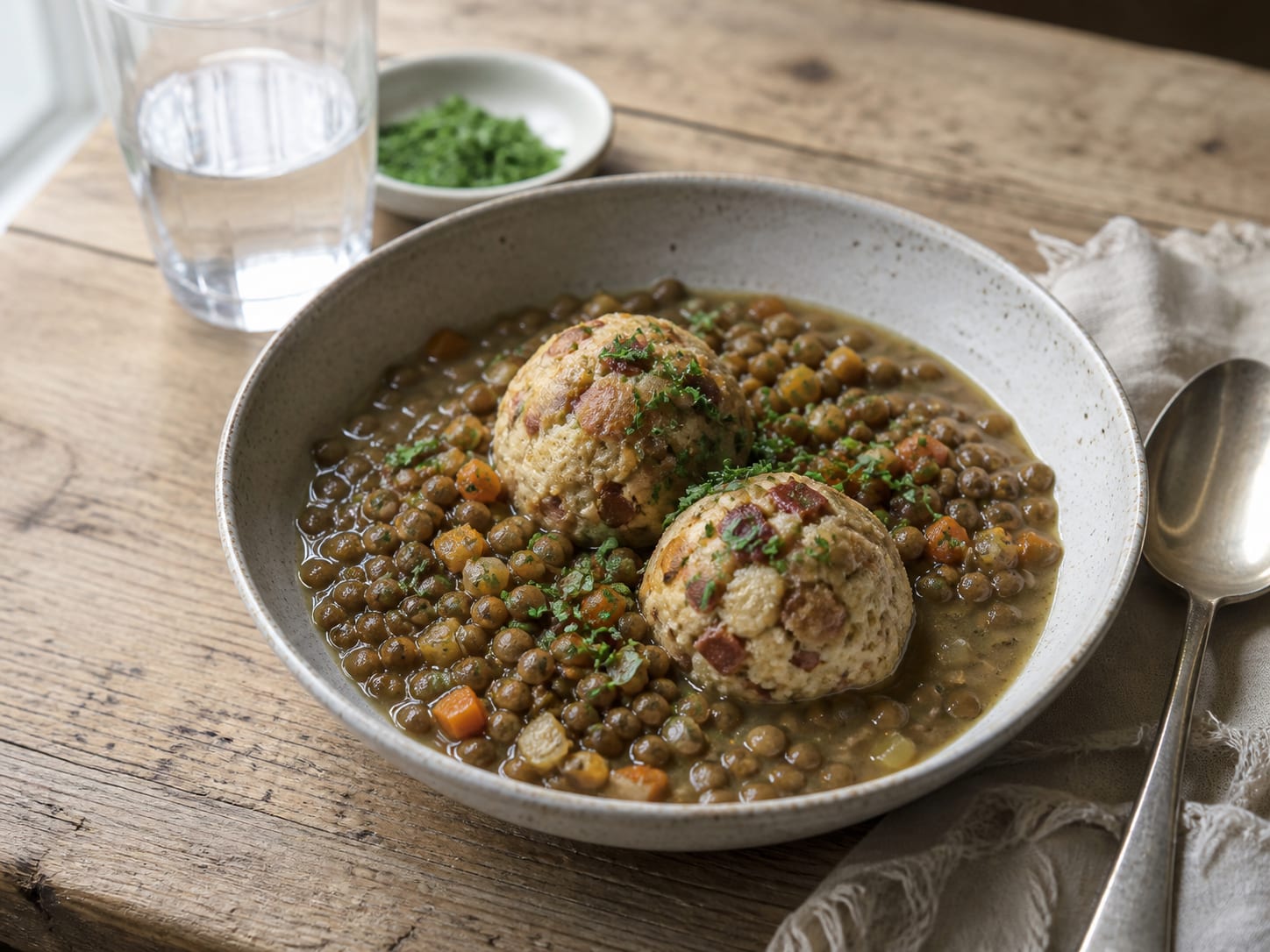 Linsen mit Tiroler Knödeln, zum Servieren angerichtet