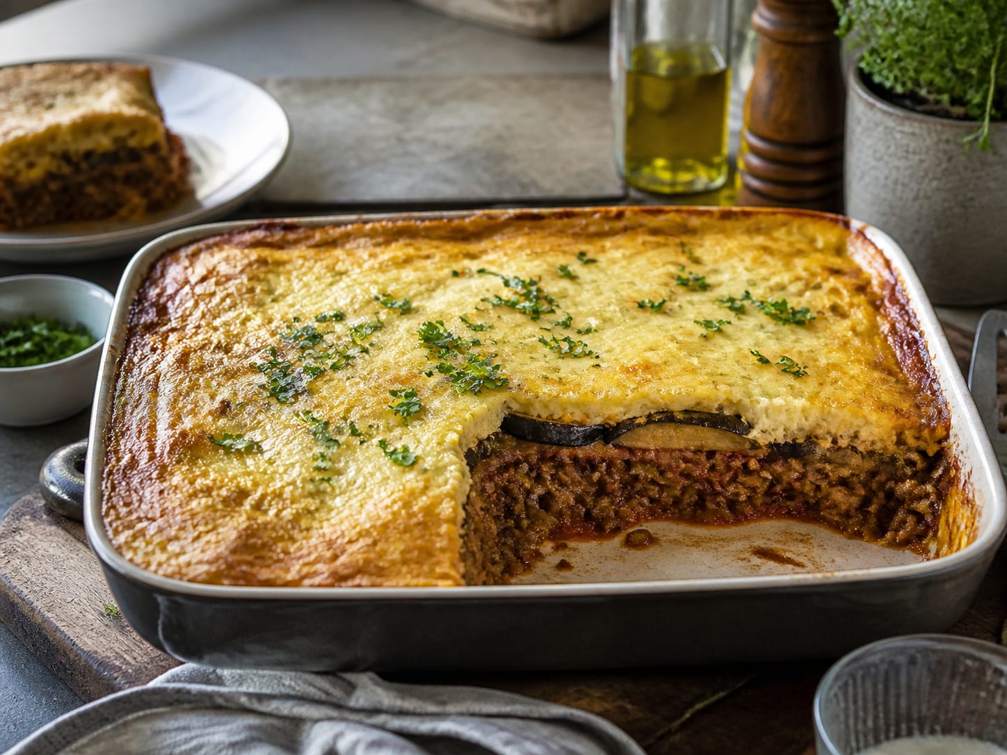Linsen-Moussaka, plated for serving