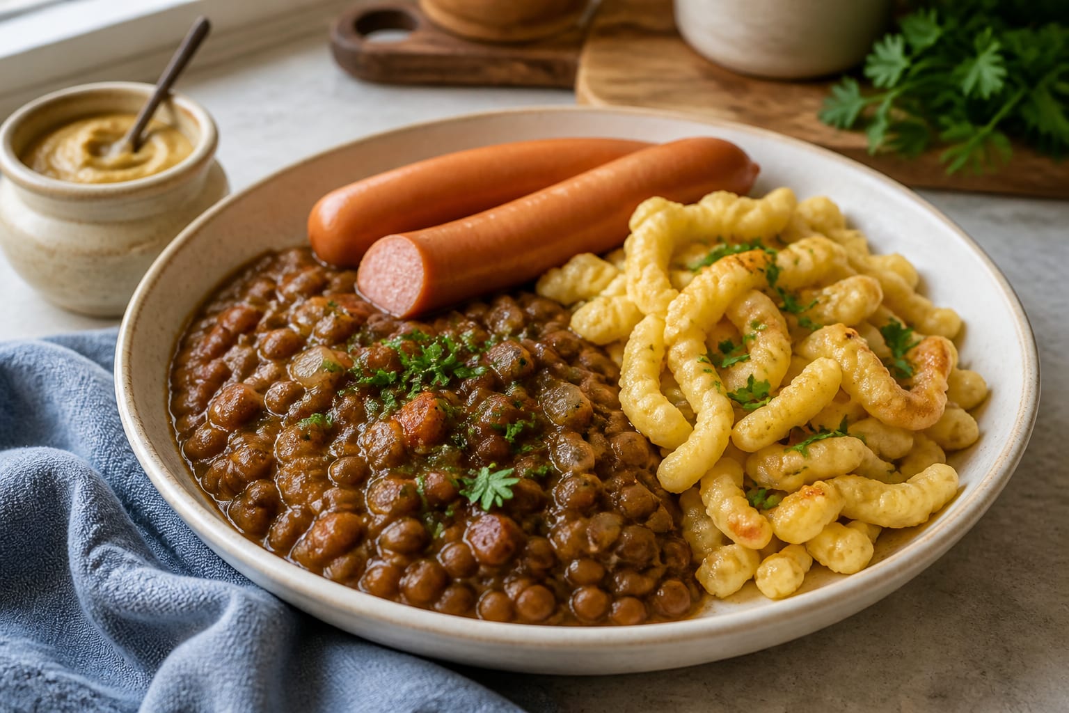 A deep cream bowl of dark lentil stew beside buttered Spätzle, a Saitenwürstle sliced on top, parsley scattered over, in soft natural light