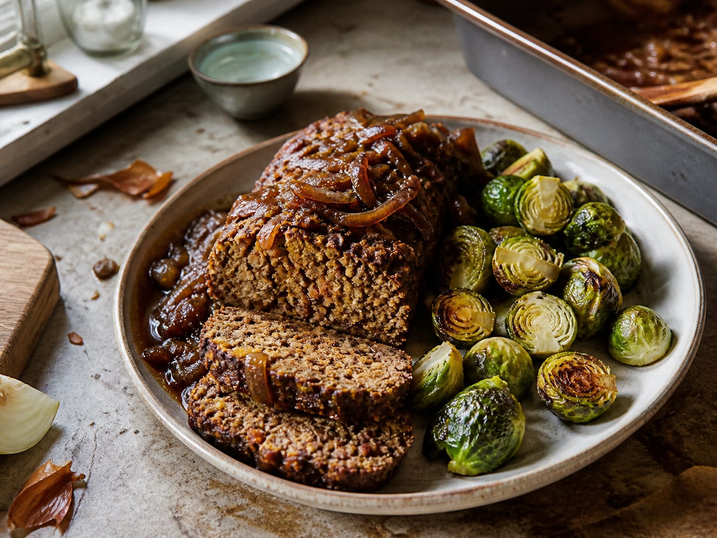 Linsenbraten mit Zwiebelsauce und Rosenkohl, plated for serving