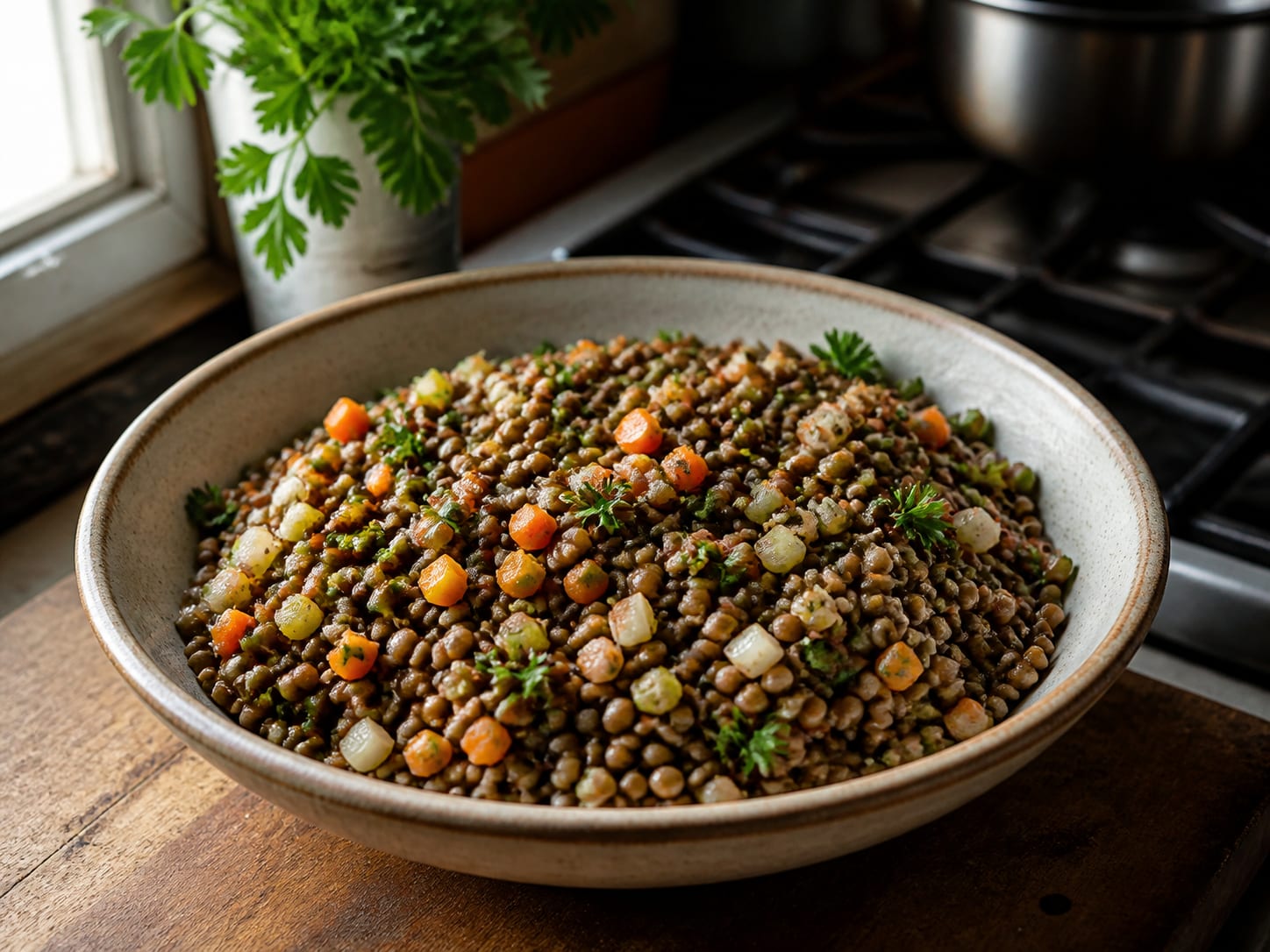 Linsensalat, plated for serving